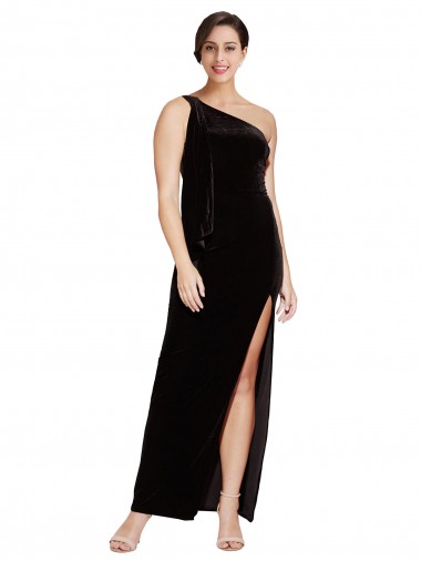 Buy One Shoulder Long Velvet Prom Dress with Side Split and Shoulder Tie