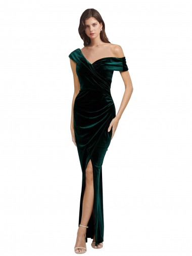 Buy Long Asymmetric Neckline Ruched Velvet Prom Dress